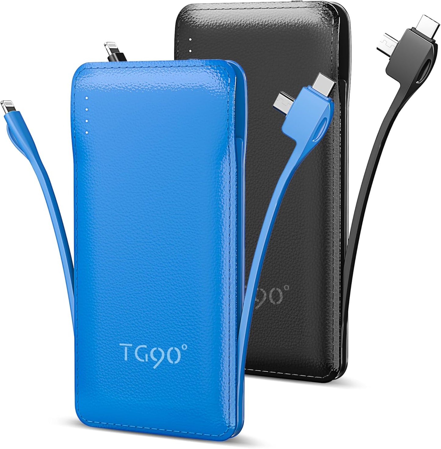 TG90° 2 Pack Slim Portable Charger with Built in Cables,10000mAh Power Bank Travel Charger Cell Phone External Battery Pack,4 Output Portable Bank Compatible with iPhone Android Phone