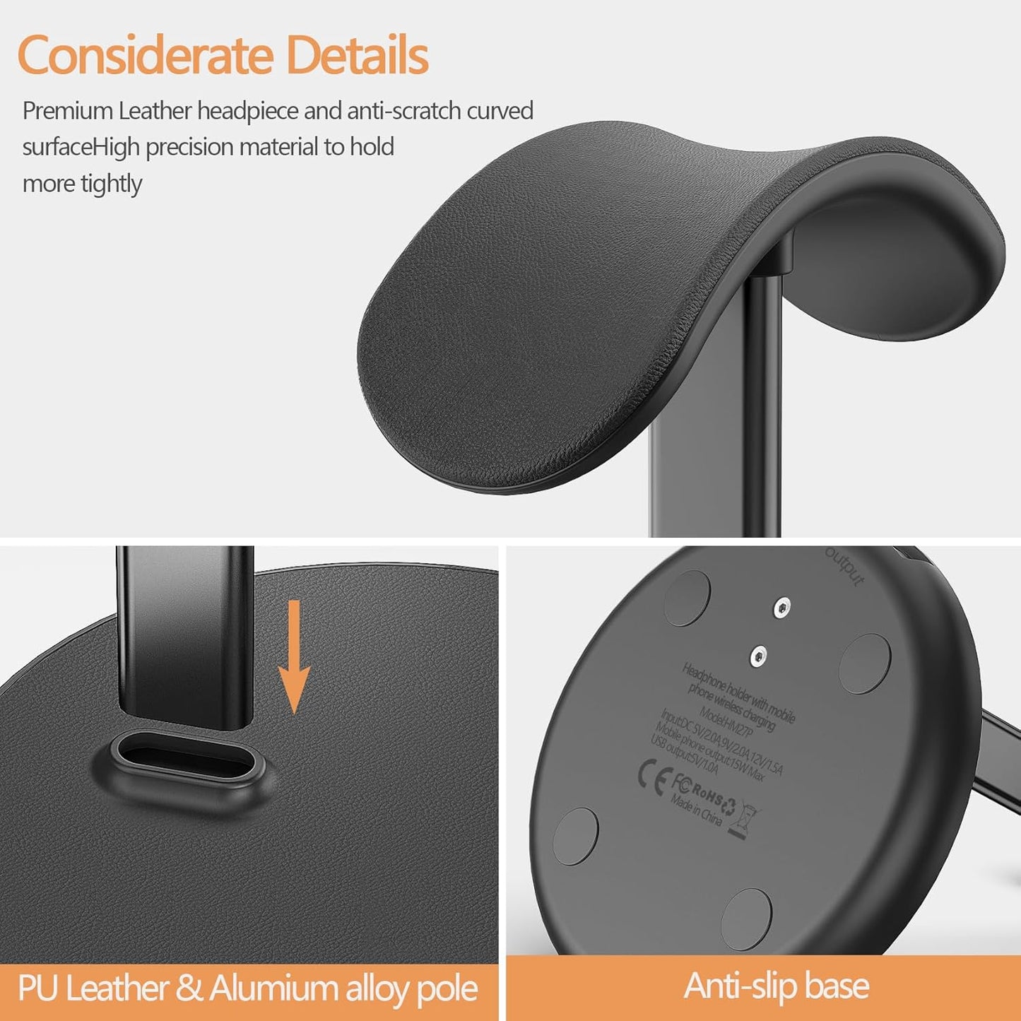 Headphone Stand with Wireless Charger, Gaming Headset Holder Hanger Rack 2 IN 1 Wireless Charging Station Dock for iPhone 15/14/13/12/11 Series, Samsung, AirPods Pro/3/2 and Desk All Headphones, Black