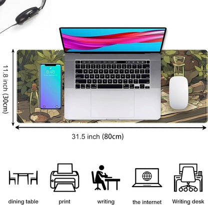 Cute Green Plants Desk Mat Anime Sage Mouse Pad Gaming Desk Pad XL, Kawaii Aesthetic Laptop Computer Keyboard and Mouse Mat, Desktop Decor Accessories Mousepad for Girl Women Office 31.5"x11.8"