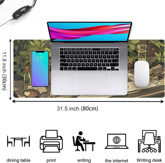 Cute Green Plants Desk Mat Anime Sage Mouse Pad Gaming Desk Pad XL, Kawaii Aesthetic Laptop Computer Keyboard and Mouse Mat, Desktop Decor Accessories Mousepad for Girl Women Office 31.5"x11.8"