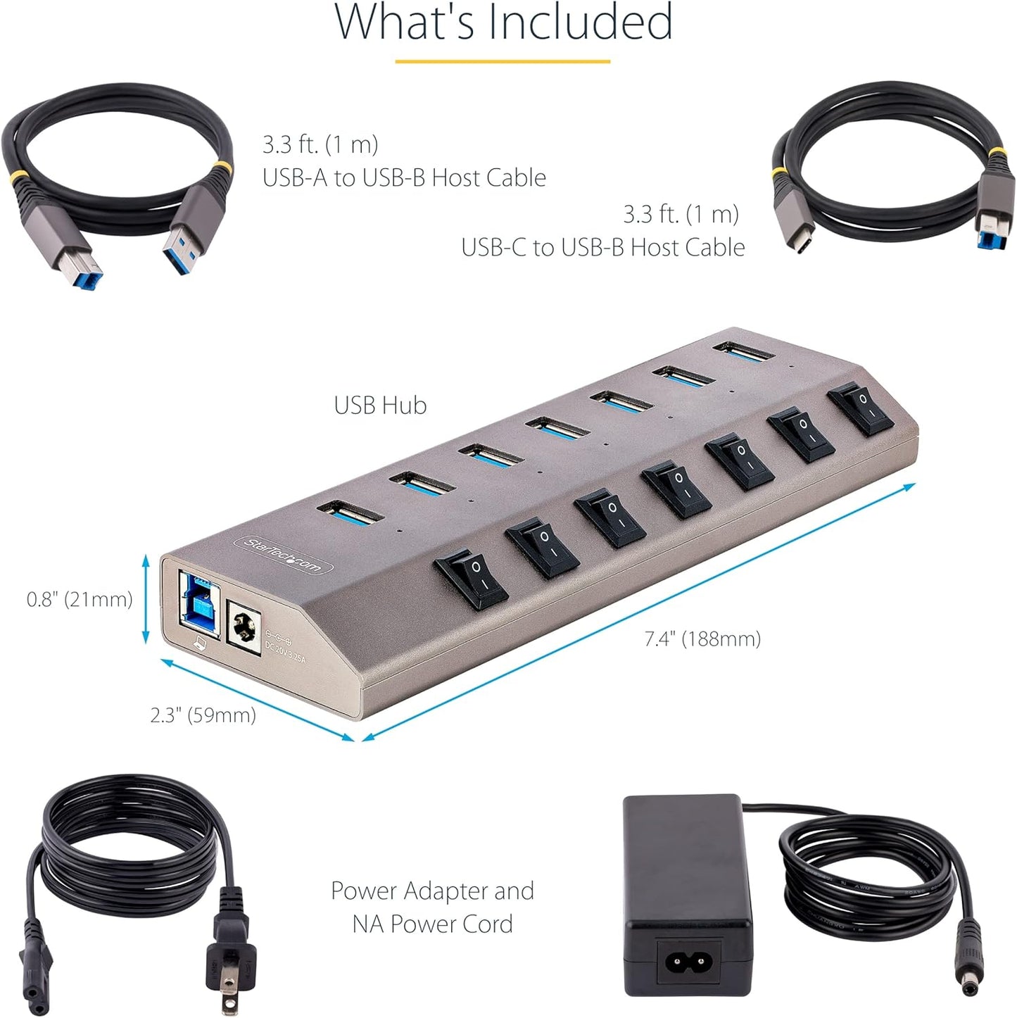 StarTech.com 7-Port Self-Powered USB-C Hub with Individual On/Off Switches, USB 3.0 5Gbps Expansion Hub w/Power Supply, Desktop/Laptop USB-C to USB-A Hub, USB Type C Hub w/BC 1.2 (5G7AIBS-USB-HUB-NA)