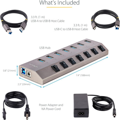 StarTech.com 7-Port Self-Powered USB-C Hub with Individual On/Off Switches, USB 3.0 5Gbps Expansion Hub w/Power Supply, Desktop/Laptop USB-C to USB-A Hub, USB Type C Hub w/BC 1.2 (5G7AIBS-USB-HUB-NA)