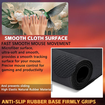 Desk Pad, Elegant Hummingbird Desk Mat, Oil Painting Flowers and Leaves Large Gaming Mouse Pad, 31.5"x15.7" Extended Big Computer Mouse Pad with Non-Slip Base and Stitched Edge