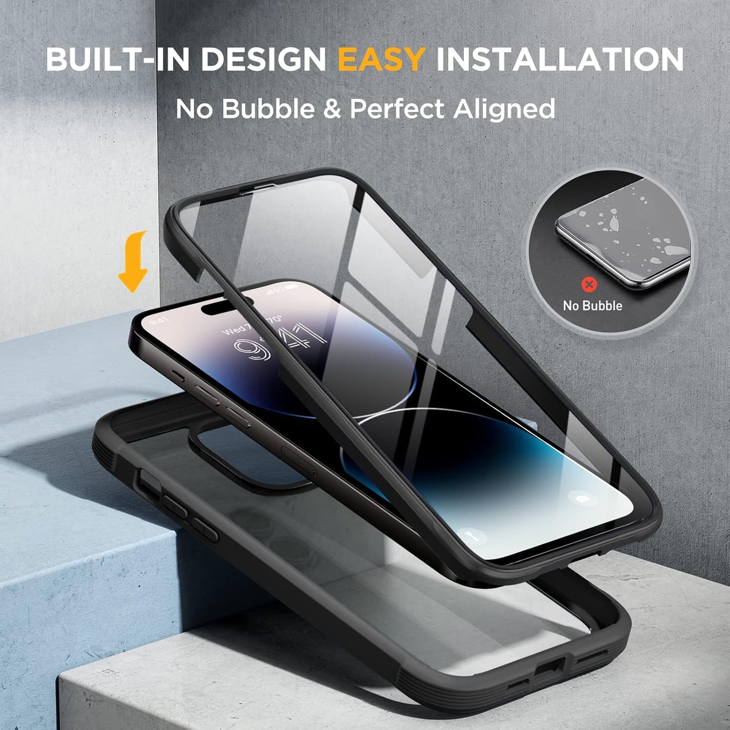 Miracase Glass Series Compatible with iPhone 14 Pro Case 6.1 Inch, Full-Body Clear Bumper Case with Built-in 9H Tempered Glass Screen Protector, with Camera Lens Protector, Black