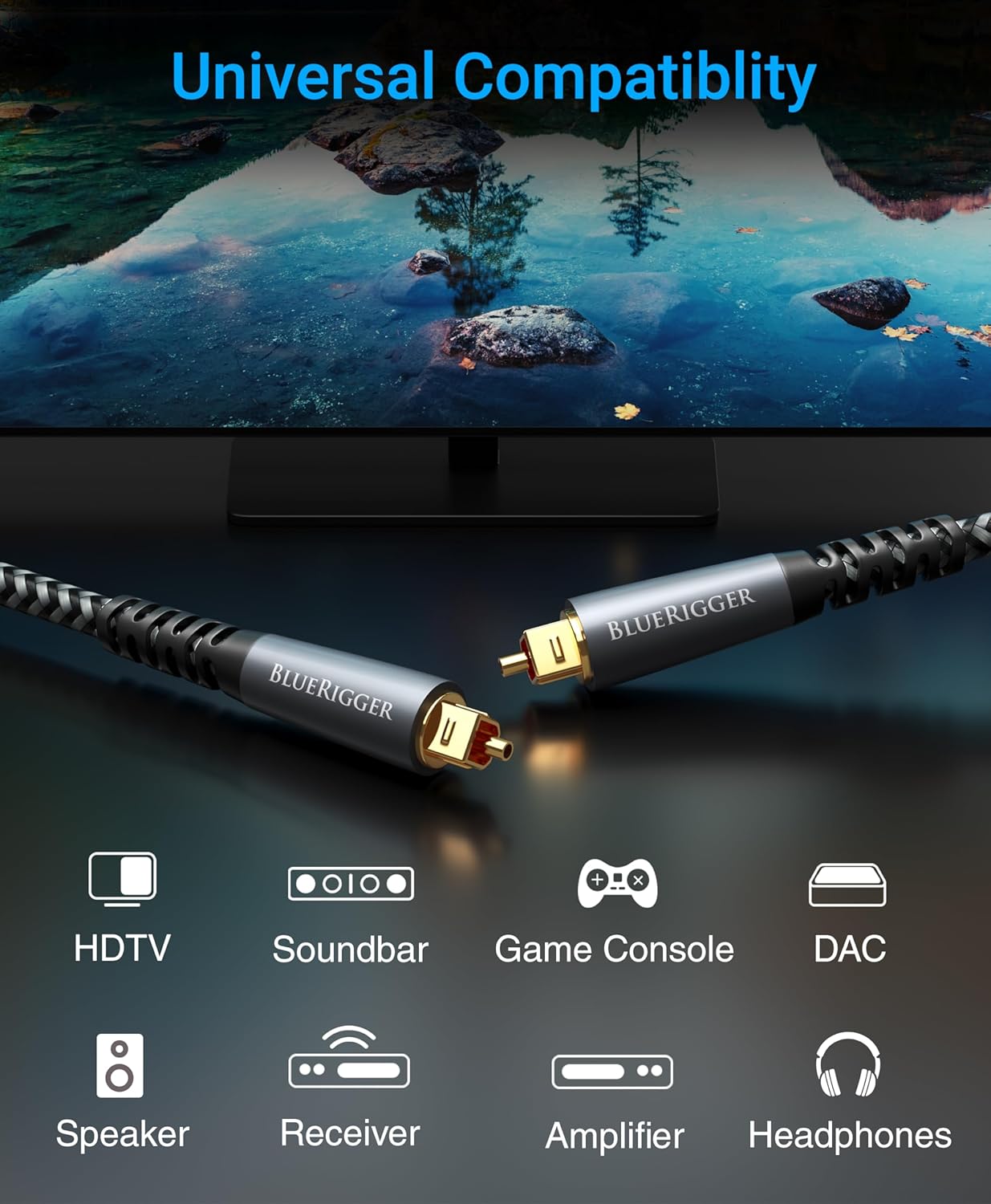 BlueRigger Digital Optical Audio Cable (10FT, Toslink Cable for Soundbar, Braided Fiber Optic, S/PDIF, Metal Shell) - Compatible with HomeTheatre, TV, Game Console (PS4, Xbox), DVR