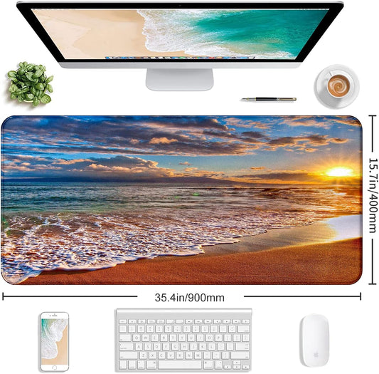 Large Extended Gaming Mouse Pad with Stitched Edges, Non-Slip Waterproof Rubber Base Mouse Pad for Office, Computer, Keyboard, Laptop and Home Desk Pad 35.4 x 15.7 x 0.12 Inch (Beach at Sunset)