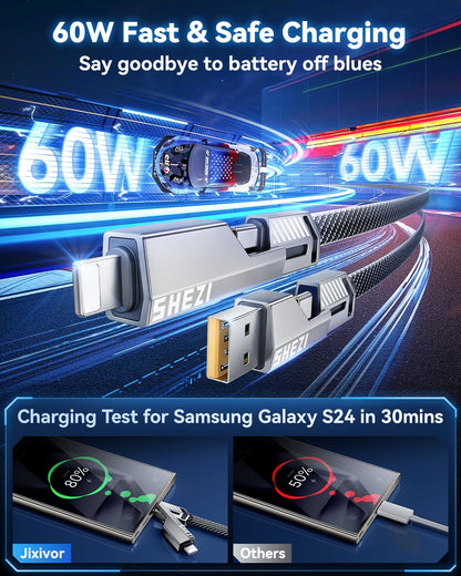 [One is Enough] 4-in-1 Compatible with USB C to Lightning Cable, 65W High-Speed Charging & Fast Data Transfer,CarPlay & Android Auto Support Multi Charger Cord Combo for iPhone/Samsung/iPad,5FT