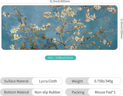 Dynippy Thin Extended Gaming Mouse Pad （31.5 * 11.8 * 0.08 inch） with Stitched Edges Large Mousepad Long XXL Keyboard and Mouse pad Desk Mat for Gaming Office & Home - Almond Blossom