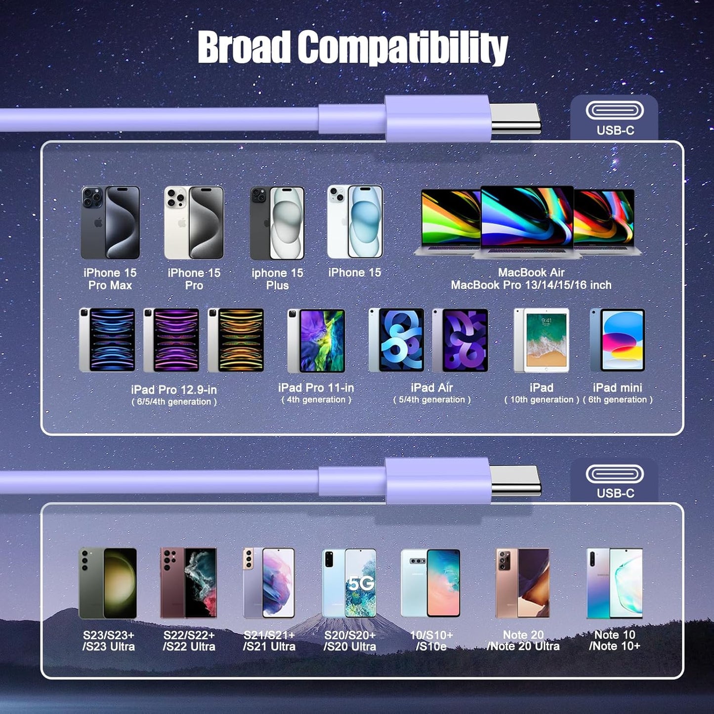 3-Pack Purple [3.3FT+6.6FT+10FT] 60W USB C to USB C Cable, Type C Fast Charging Cable for iPhone 16 15 Pro Plus Pro Max，for Galaxy S24 S23, for iPad Pro/Air, for MacBook Pro/Air and More