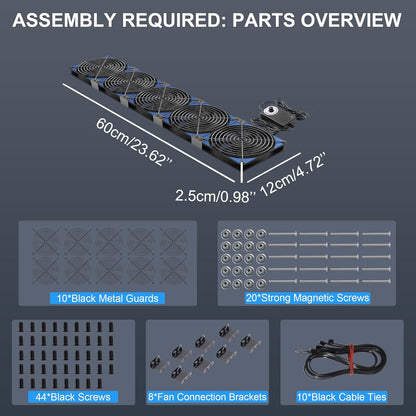 120mmx5 600mm Adjustable Computer PC Vent Fans 3V-12V Speed Controller for Flexible Arrange Rack Space Window Wall Cabinet Server Mining Rig Chicken Coop Exhaust Cooling