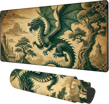 Vintage-Style Dragon Gaming Mouse Pad 3mm Thick Stitched Edge Waterproof Non-Slip Large Computer Keyboard Mouse Mat,Suitable for Office Entertainment Decorative Desk Pad 35.4 x 15.7 Inches