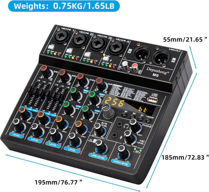 Depusheng M6 Portable Mini Mixer 6-Channel Audio Mixer DJ Console with Sound Card, Bluetooth Function, USB, 48V Phantom Power for PC Recording Webcast Party with 256 DSP