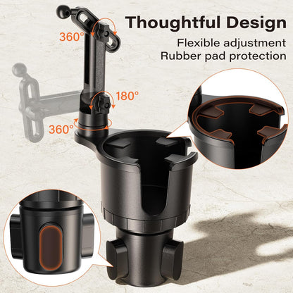 APPS2Car 2-in-1 Cup Phone Holder Mount for Car – Adjustable Arm & Base, 360° Rotatable Cradle – Holds 18–40oz Bottles & Smartphones – for Cars, SUVs, Trucks