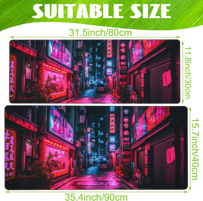 Desk Mat,Japanese Anime Neon Street Desk Pad,Anime City Large Gaming Mouse Pad for Desk,Extended Big Computer Keyboard Mouse Pad with Non-Slip Base and Stitched Edge,31.5"x11.8"