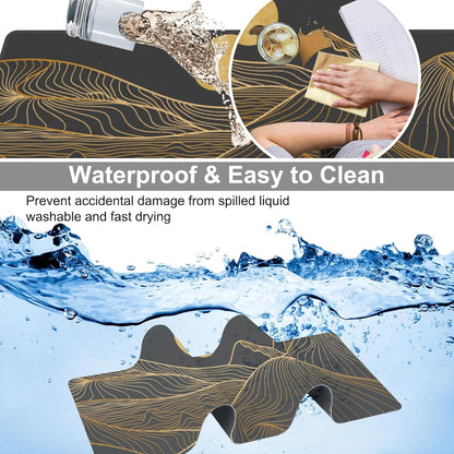 Abstract Golden Mountain Desk Mat,Large Gold Line Art Gaming Keyboard Mouse Pad,Non-Slip Rubber Base Desk Pad Thick Stitched Edges Waterproof Mousepad Mouse Mat 31.5"x11.8"