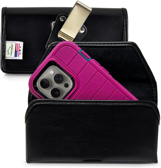Turtleback Belt Clip for iPhone 16 Pro, 16e, 15 pro 14 Pro 13 Pro -Large- Fits w/Defender Bulky Style Cases, Premium Black Leather, Horizontal Belt Holder, Magnetic Closure HD Rotating Belt Clip