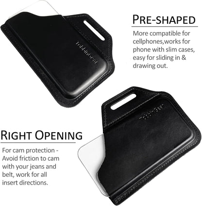 TobbinGear Leather Belt Phone Pouch, Left Handed Leather Cell Phone Holster, Universal Phone Case with Belt Loops, for Men and Women Black Large