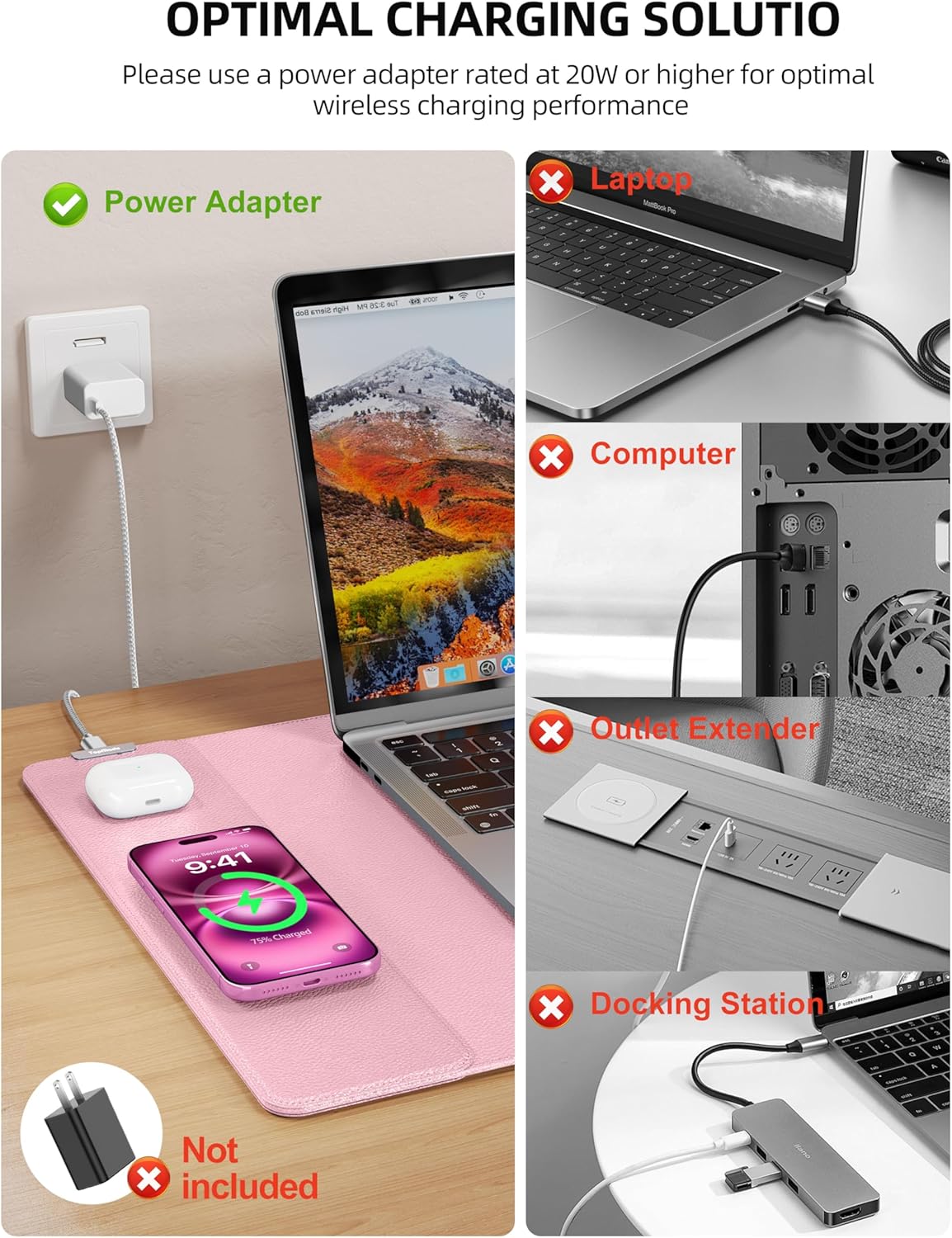 TopMade Mouse Pad with 15W Wireless Charging, XXL Large Leather Desk Mat, Waterproof Gaming Mousepad Home Office Desk Pad Protector, Computer Keyboard Pad, Mouse Mat for for MacBook, PC, Laptop, Pink