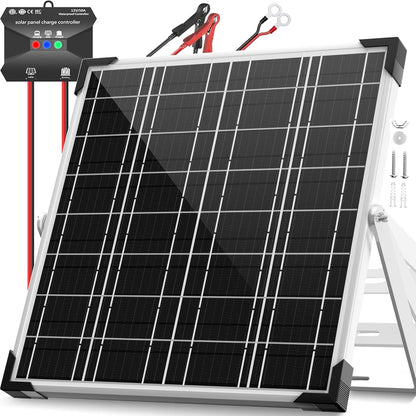 Solar Panel Kit 20W 12V, Solar Battery Trickle Charger Maintainer, Waterproof Solar Panel + Upgrade Charge Controller + Adjustable Mount Bracket for Boat RV Motorcycle Marine