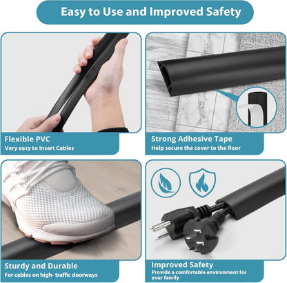 3FT PVC Cord Hider, Black Floor Cord Protector with 0.7 x 0.4 Inch Extension, Soft Wire Covers