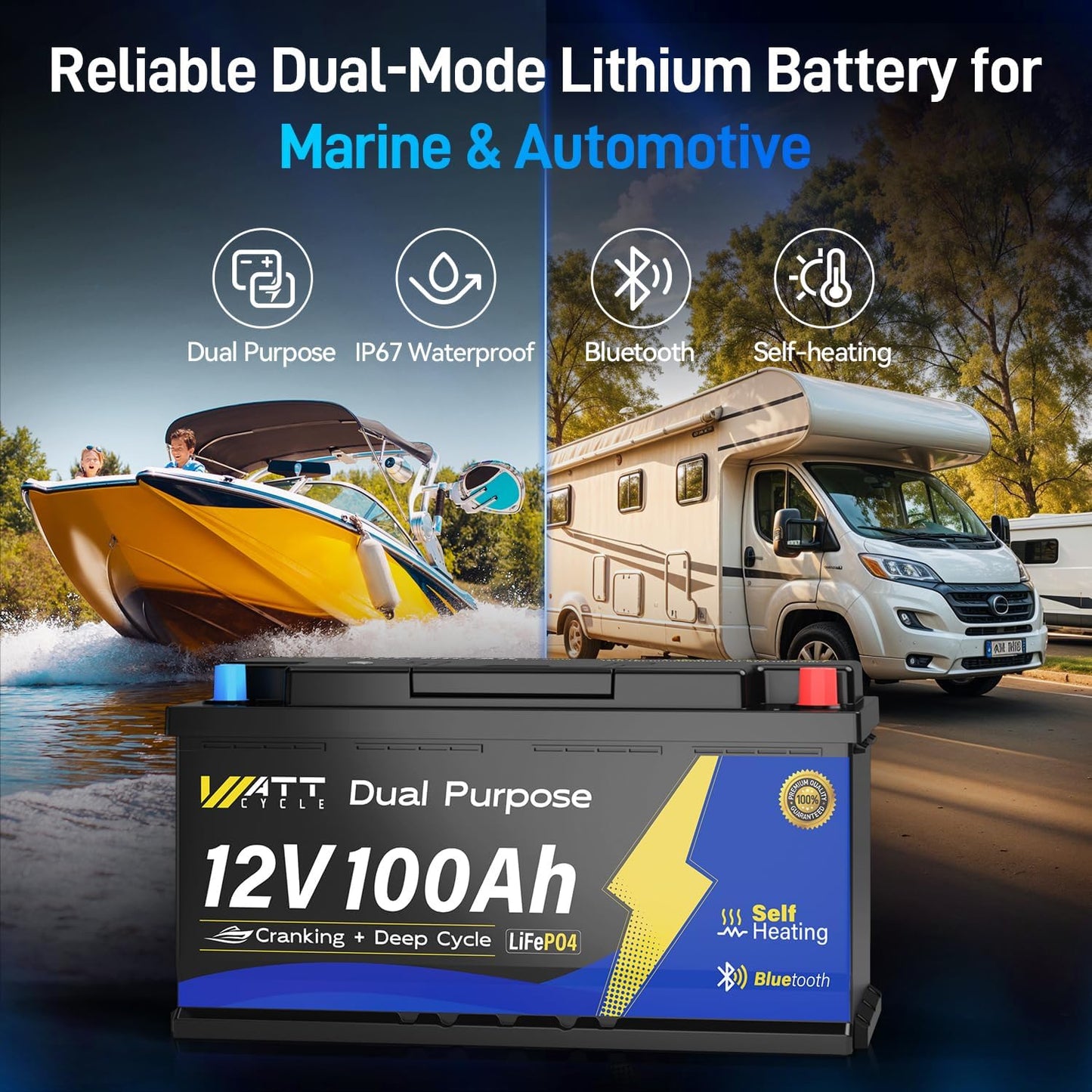 12V 100Ah Marine Starting LiFePO4 Battery Bluetooth, [Cranking &Deep Cycle] Lithium Battery with Self-Heating, Built-in 200A BMS, Perfect for Trolling Motor, RV, Marine, Boat