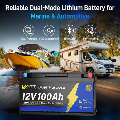 12V 100Ah Bluetooth LiFePO4 Battery, [Cranking &Deep Cycle] Lithium Battery with Self-Heating, Built-in 200A BMS, Perfect for Trolling Motor, RV, Marine, Boat(3 Pack)