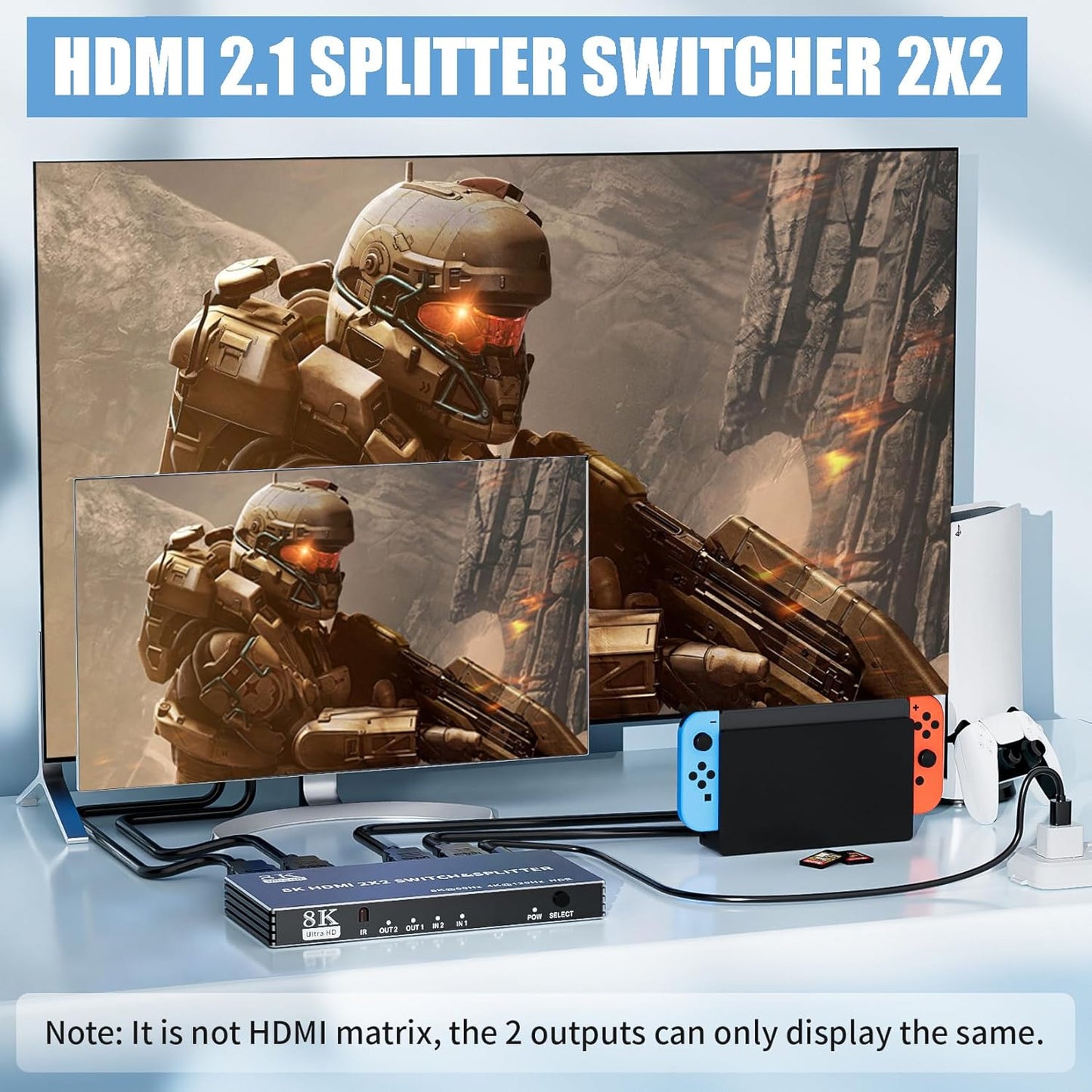 2x2 HDMI Switch Splitter, HDMI 2.1 Switcher 2 in 2 Out 8K@60Hz 4K@120Hz, w/IR Remote Control, Supports HDCP 2.3 HDR, HDR10, HDR 10+, 3D