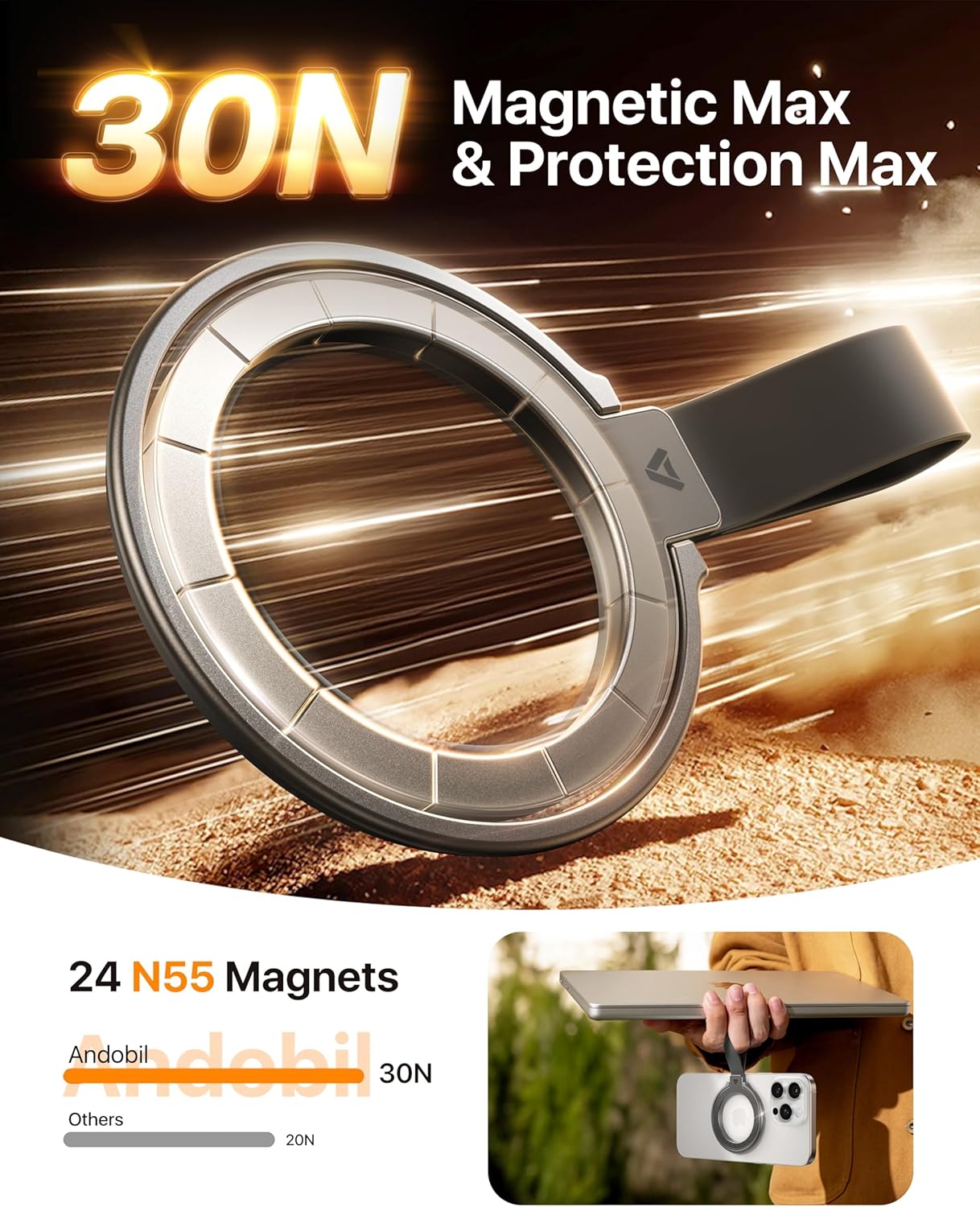 andobil [2025 Unrivaled Stability] Magnetic Phone Grip Holder for MagSafe Ring Stand Holder Kickstand Compatible with MagSafe Accessories for iPhone 16 Pro Max Plus iPhone15/14/13/12&Android,SpaceGrey