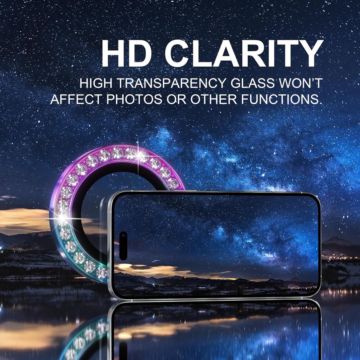 Choiche Compatible for iPhone 16 Pro/iPhone 16 Pro Max Camera Lens Protector Bling, 9H Tempered Glass Camera Cover Screen Protector Metal Ring Decoration Accessories (Diamond-Colorful)