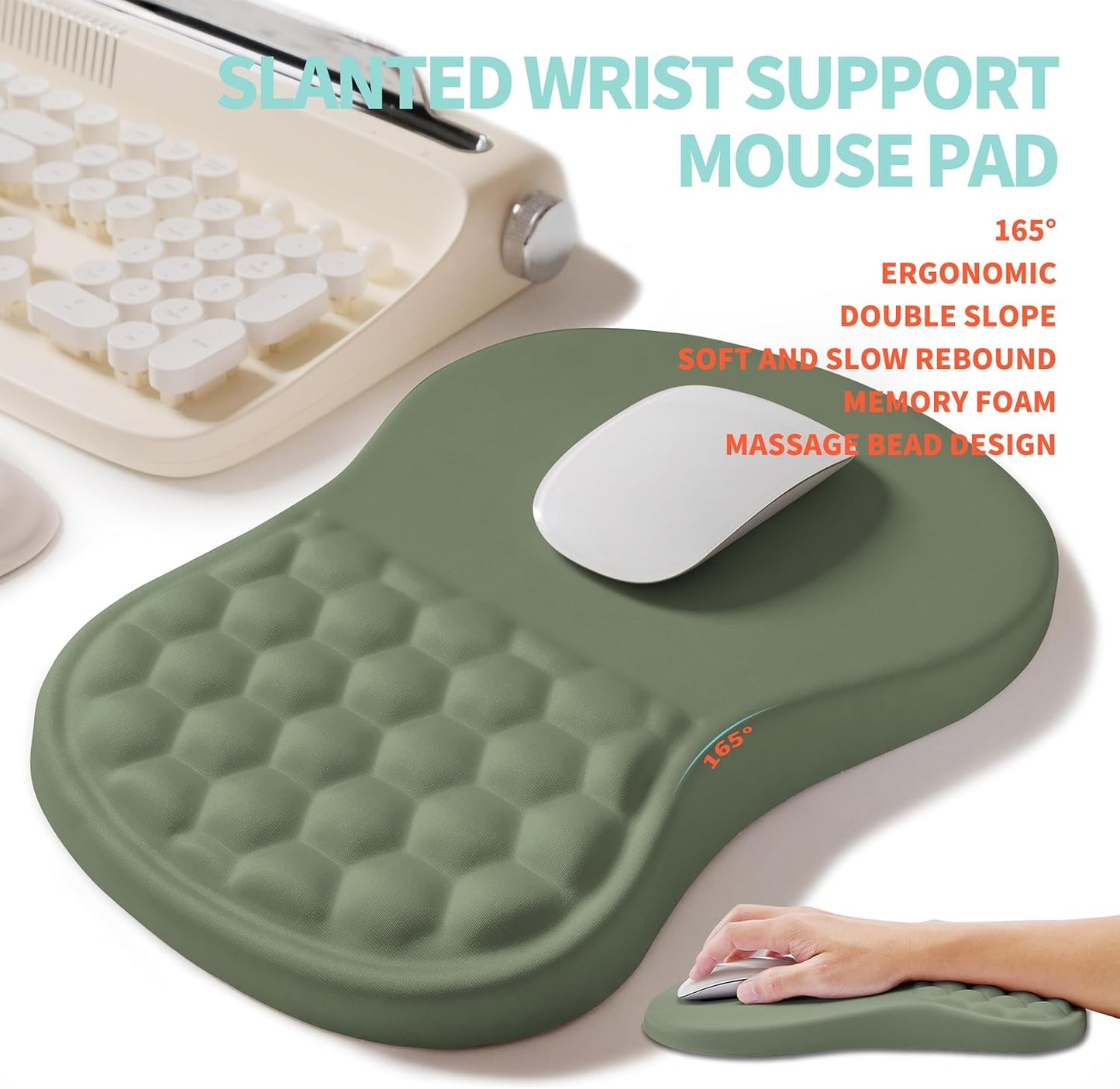 2-in-1 Ergonomic Set, Wave Rise Keyboard Wrist Rest and Massage Bulge Slope Mouse Pad Wrist Support, Cushion Memory Foam Integrated to Relieve Wrist Pain, Olive Green