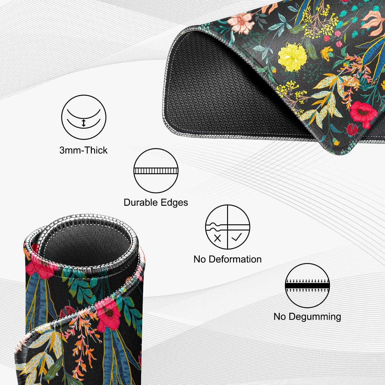 JIKIOU 3 Pack Mouse Pad with Stitched Edge, Comfortable Mouse Pads with Non-Slip Rubber Base, Washable Mousepads Bulk with Lycra Cloth, Mouse Pads for Computers Laptop Mouse 10.2x8.3in Black Flowers