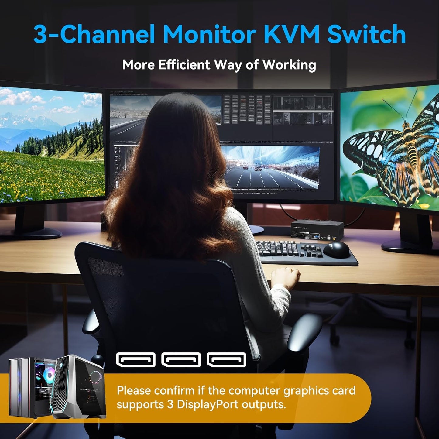 8K Displayport KVM Switch 3 Monitors 2 Computers 4K 120Hz DP KVM Switches Triple Monitor for 2 PC Share 4 USB 3.0 Ports Support Extended & Copy Display Mode Wired Controller and 12V Adapter