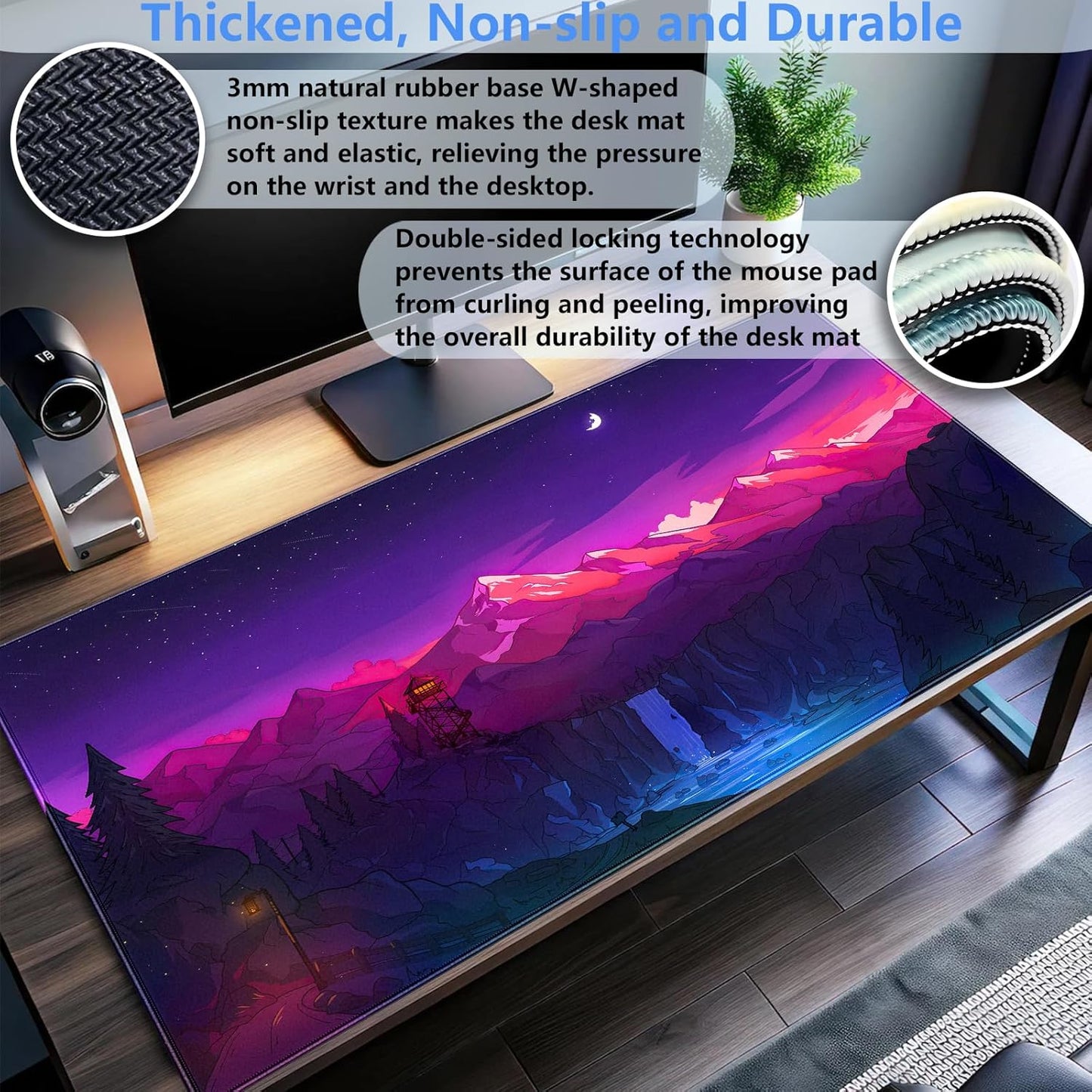 Purple Mouse Pad Pink Desk Mat Gaming Mousepad XXL Computer Pad 31.5 x 15.7 Inch Full Desk Mouse and Keyboard Pad Anime Game Mouse Mat with Stitched Edge Anti-Slip Washable for Office and Home