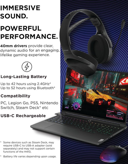 Lenovo Legion H410 Wireless Gaming Headset, Bluetooth or 2.4 GHz USB-A Connection, Lightweight (304 Grams), Adjustable Headband, Flip to Mute Mic, Black