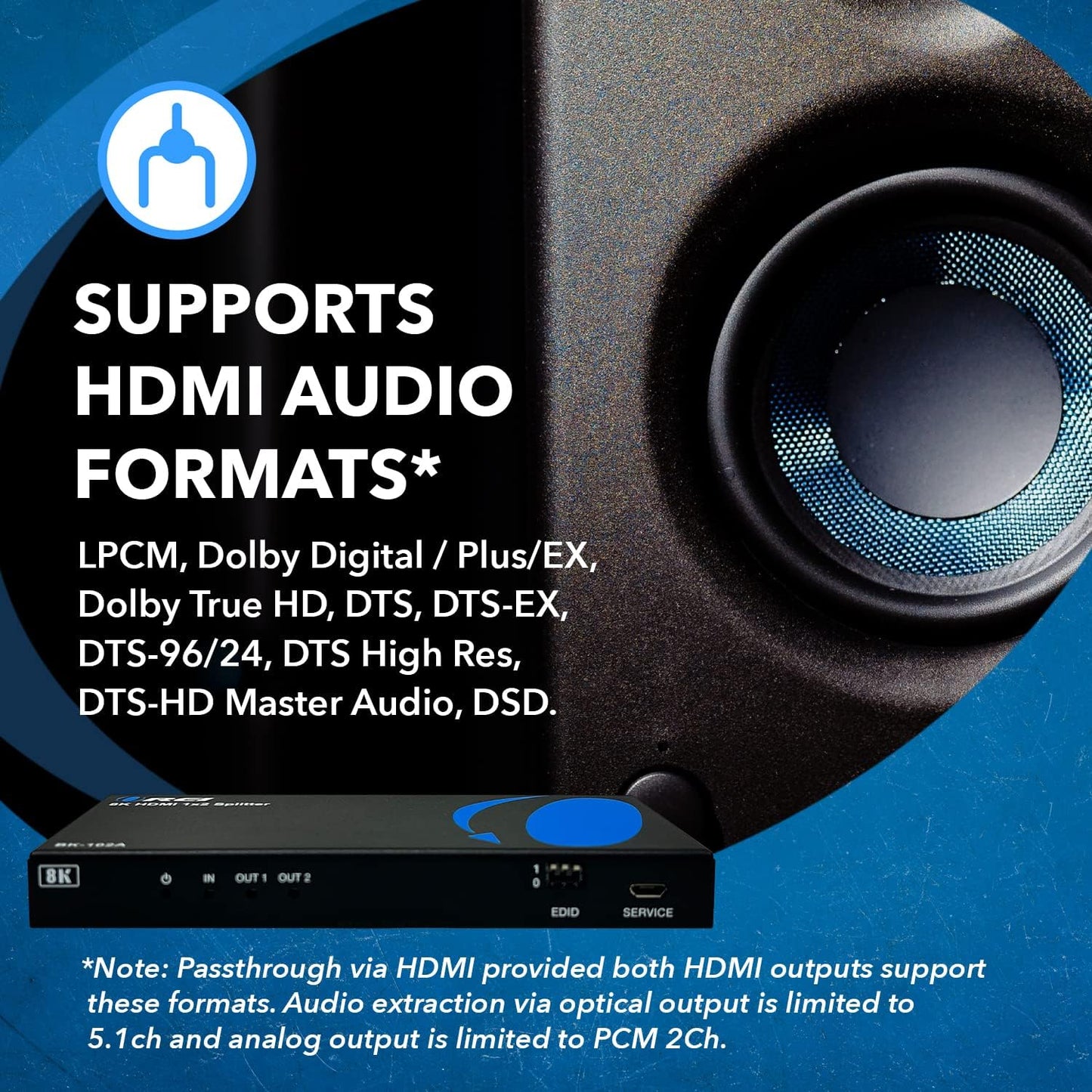 OREI 8K HDMI Splitter 1 X 2, Duplicate with Audio Extractor UltraHD Supports Upto 4K @ 120Hz IR EDID HDCP 2.3 - (BK-102A) (1x2 - Audio Out)