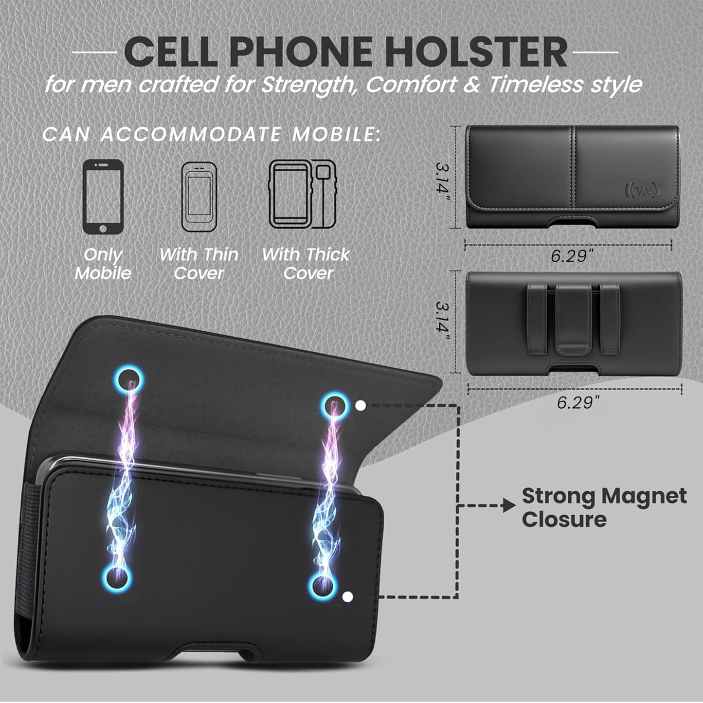 Leather Phone Holster for Men, Horizontal Cell Phone Case, Fits iPhone 17/17 Pro 16/16 Pro 16e 15/15 Pro 14/14 Pro 13/13 Pro 12/12 Pro 11 XR, Belt Clip Phone Pouch Holder, Black Medium.