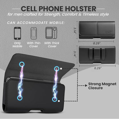 Leather Phone Holster for Men, Horizontal Cell Phone Case, Fits iPhone 17/17 Pro 16/16 Pro 16e 15/15 Pro 14/14 Pro 13/13 Pro 12/12 Pro 11 XR, Belt Clip Phone Pouch Holder, Black Medium.