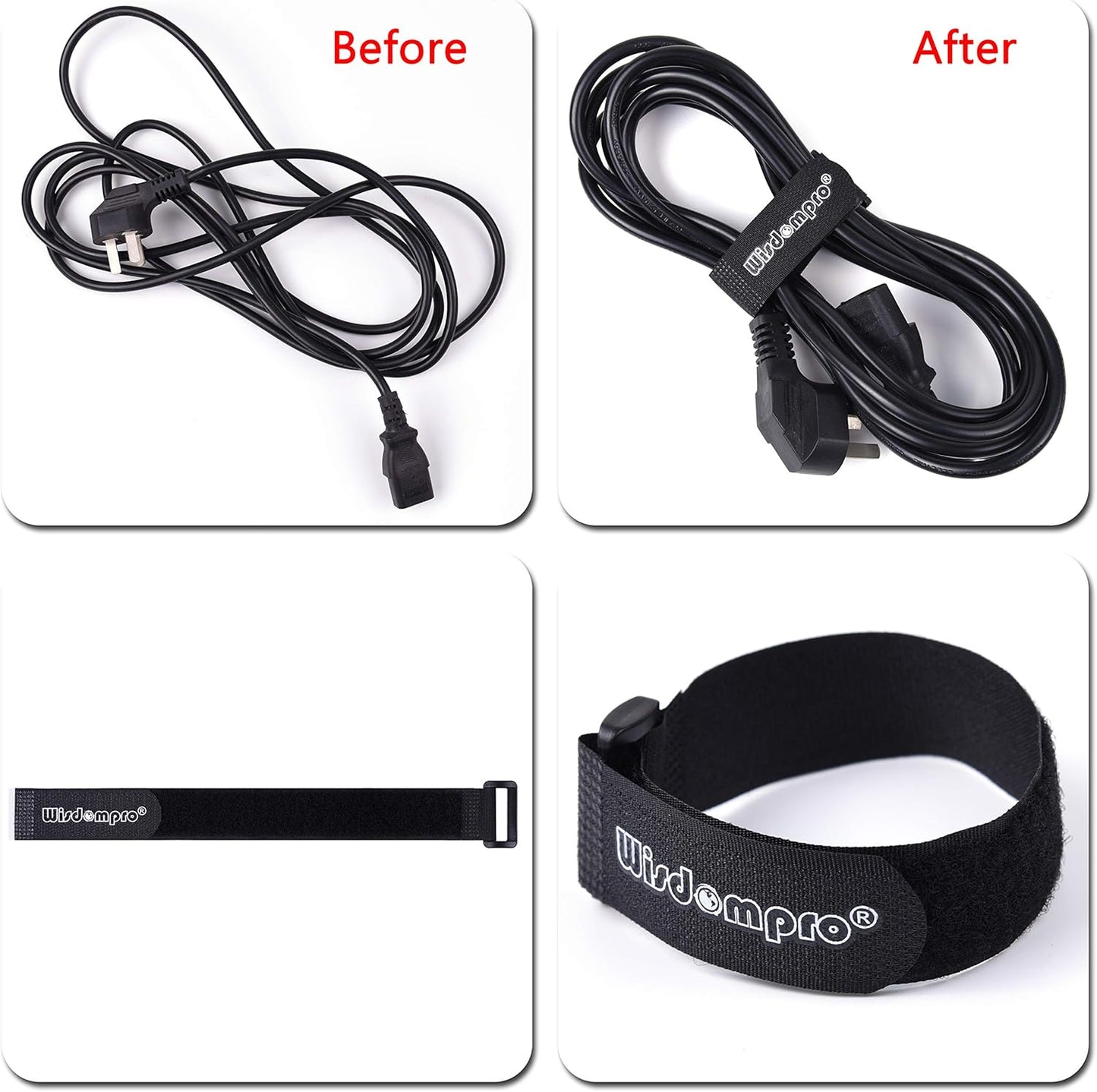 20 Pack (8 12 18 24 Inches) Hook and Loop Reusable Fastening Cable Tie Down Straps by Wisdompro - Reusable, Durable Functional Ties to Keep Your Home, Office, Workspace from Tangled Messes of Cords