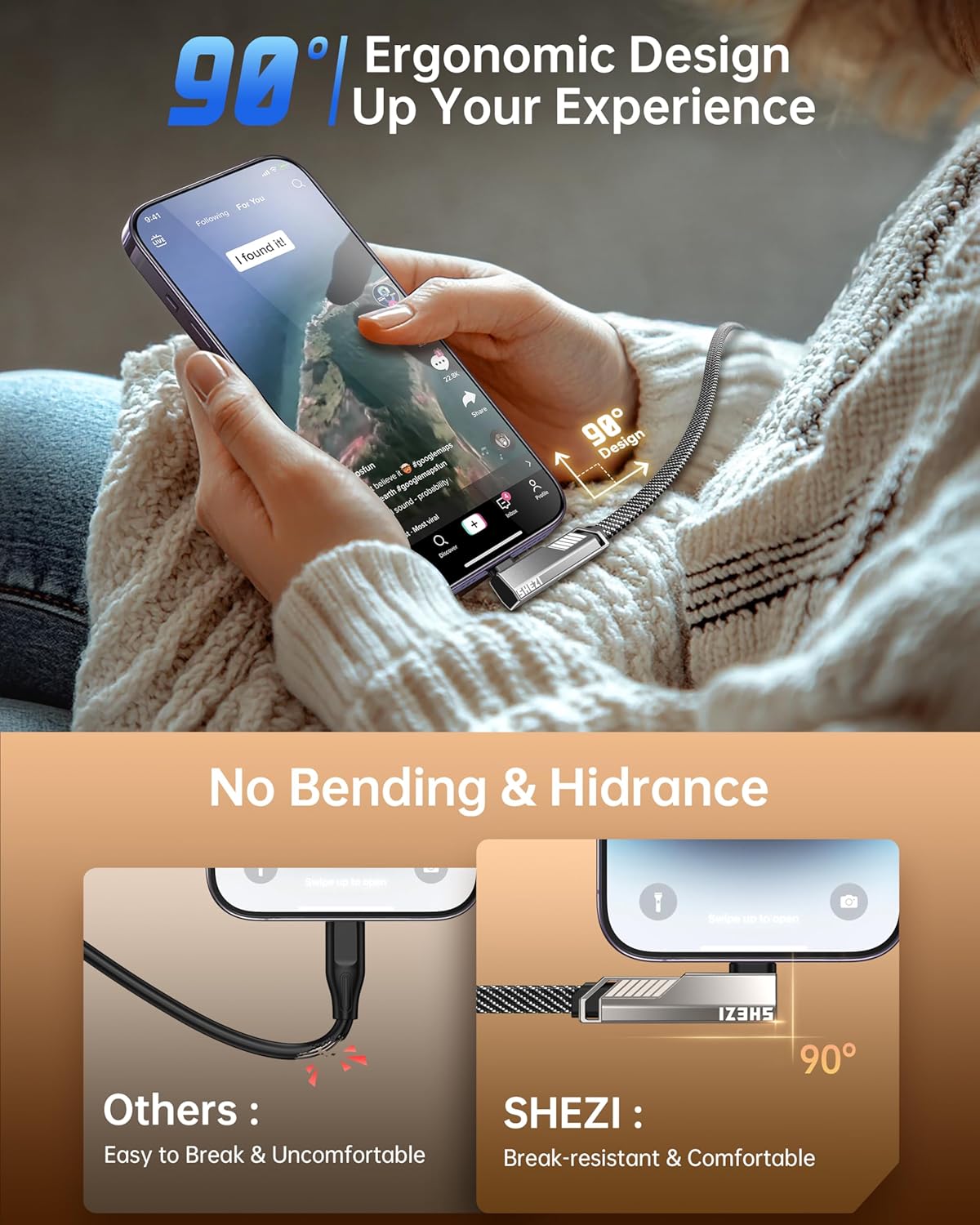 SHEZI 4-in-1 [Upgraded] USB C Cable 10FT Compatible with Lightning Cable 90 Degree, Long Fast Charging Flat Nylon Braided for iPhone 16/15 Charger Cord, Multi Charging Combo with L/USB C/USB A Ports