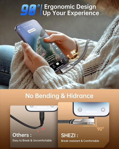 SHEZI 4-in-1 [Upgraded] USB C Cable 10FT Compatible with Lightning Cable 90 Degree, Long Fast Charging Flat Nylon Braided for iPhone 16/15 Charger Cord, Multi Charging Combo with L/USB C/USB A Ports