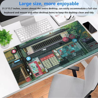 Kawaii Anime Cat Gaming Desk Mat Pad XL Large Mouse Pad (31.5"x15.7") Mouse & Keyboard Desk Pad with Stitched Edge, Vibrant Green Design for Home Office & Computer Gaming Setup