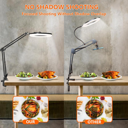 Overhead Phone Mount with Ring Light, 10’’ LED Selfie Light for Desk,with Stand and Phone Holder for iPhone and Camera,Overhead Tripod for Video Recording, Live Streaming, Zoom Meeting