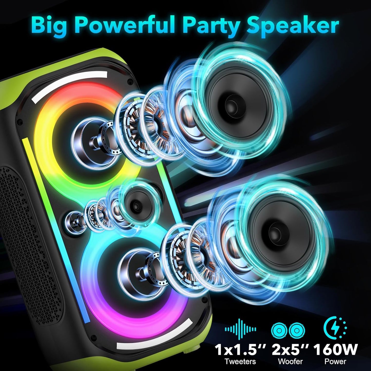 Bluetooth Speaker 160W Loud Wireless Boombox Portable Big Powerful Deep Bass Sound TWS Large Outdoor Home Party Speakers with Subwoofer LED Lights