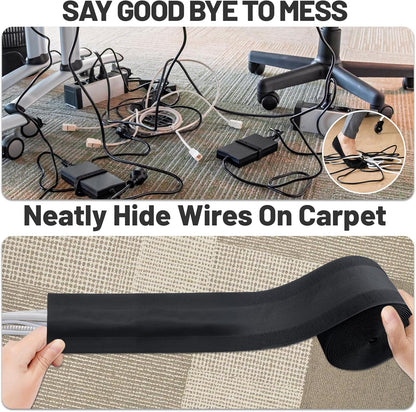IHKFILAN Carpet Cord Cover Carpet Cable Management Under Desk Cable Grip Strip Black Hook and Loop Tape Cable Polyester Cover Protect Cables to Prevent Tripping Over Wires for Homes & Office(10ft)