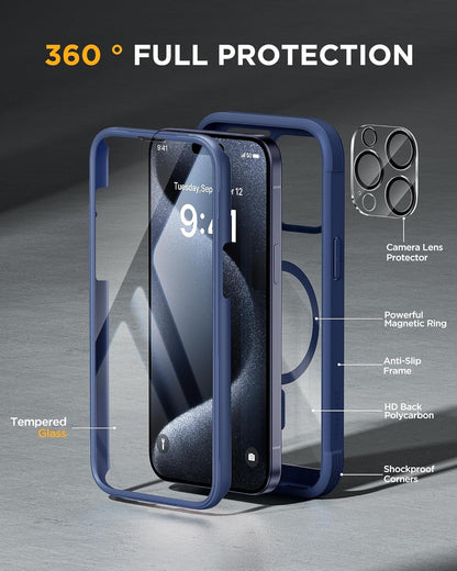 Miracase Magnetic for iPhone 12 Pro Max Case [Compatible with MagSafe] Full-Body Phone case with Built-in Glass Screen Protector& Camera Protector, Military Drop Proof 12 Pro Max Cover, Blue