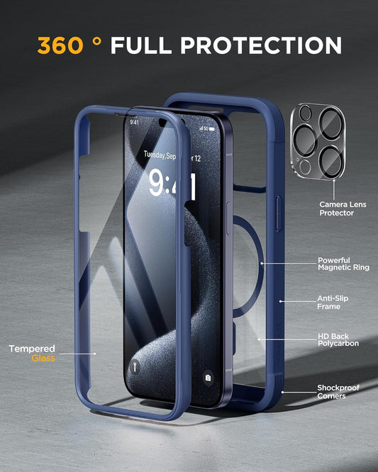 Miracase Magnetic for iPhone 12 Pro Max Case [Compatible with MagSafe] Full-Body Phone case with Built-in Glass Screen Protector& Camera Protector, Military Drop Proof 12 Pro Max Cover, Blue