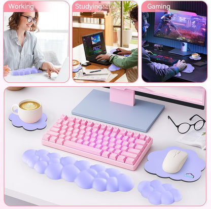 Cloud Wrist Rest for Computer Keyboard, 4-in-1 Memory Foam Leather Cloud Keyboard Wrist Rest and Mouse Pad Set with Ergonomic Support for Arm and Palm Cushion, Gaming/Work Setup, Purple
