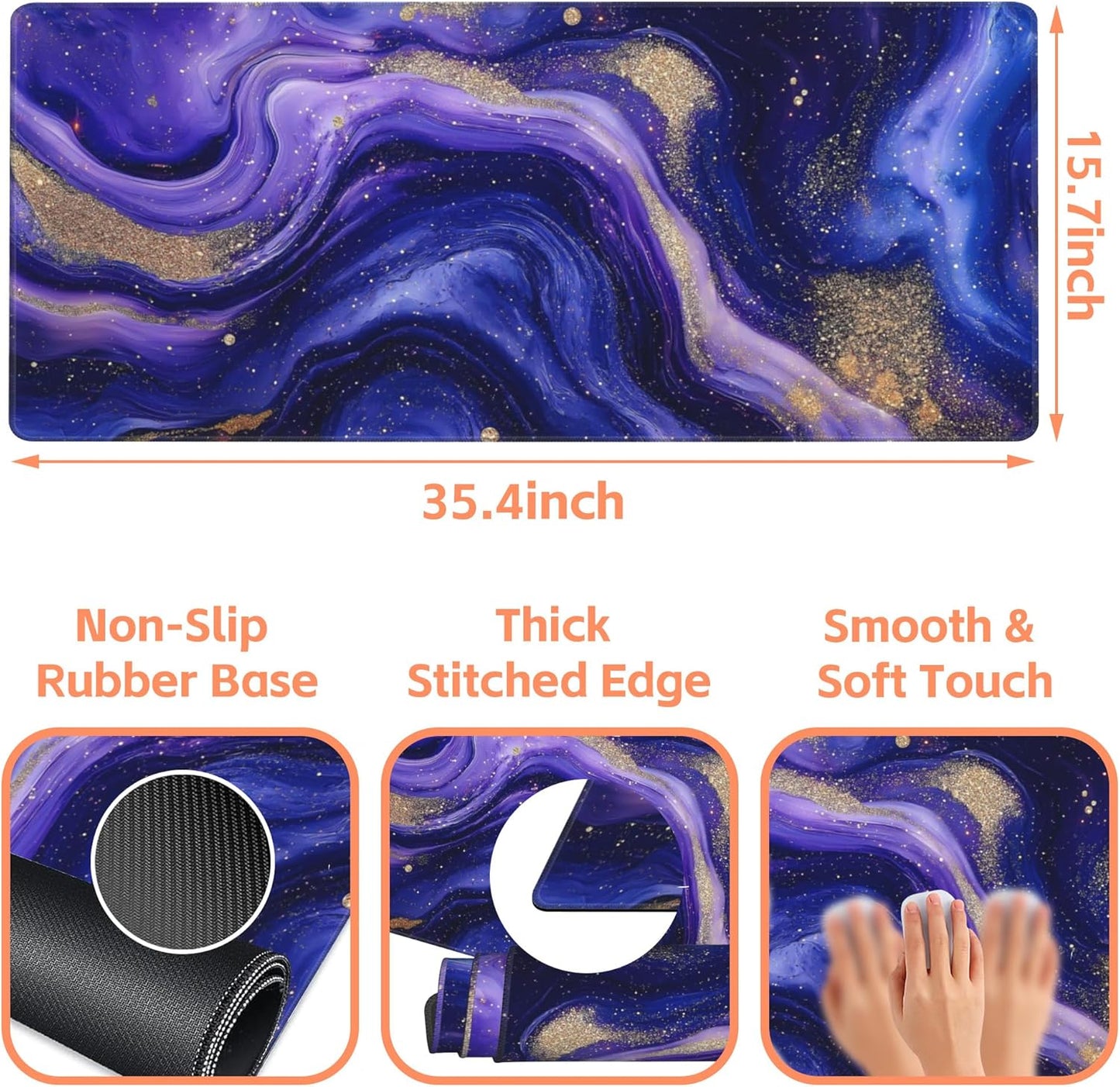 Mouse Pad Large Fluid Art Marble Texture Non-Slip Game Desk Mat with Stitched Edge Laptop Keyboard Desk Pad for Work Home Gaming (35.4 x 15.7 Inches)