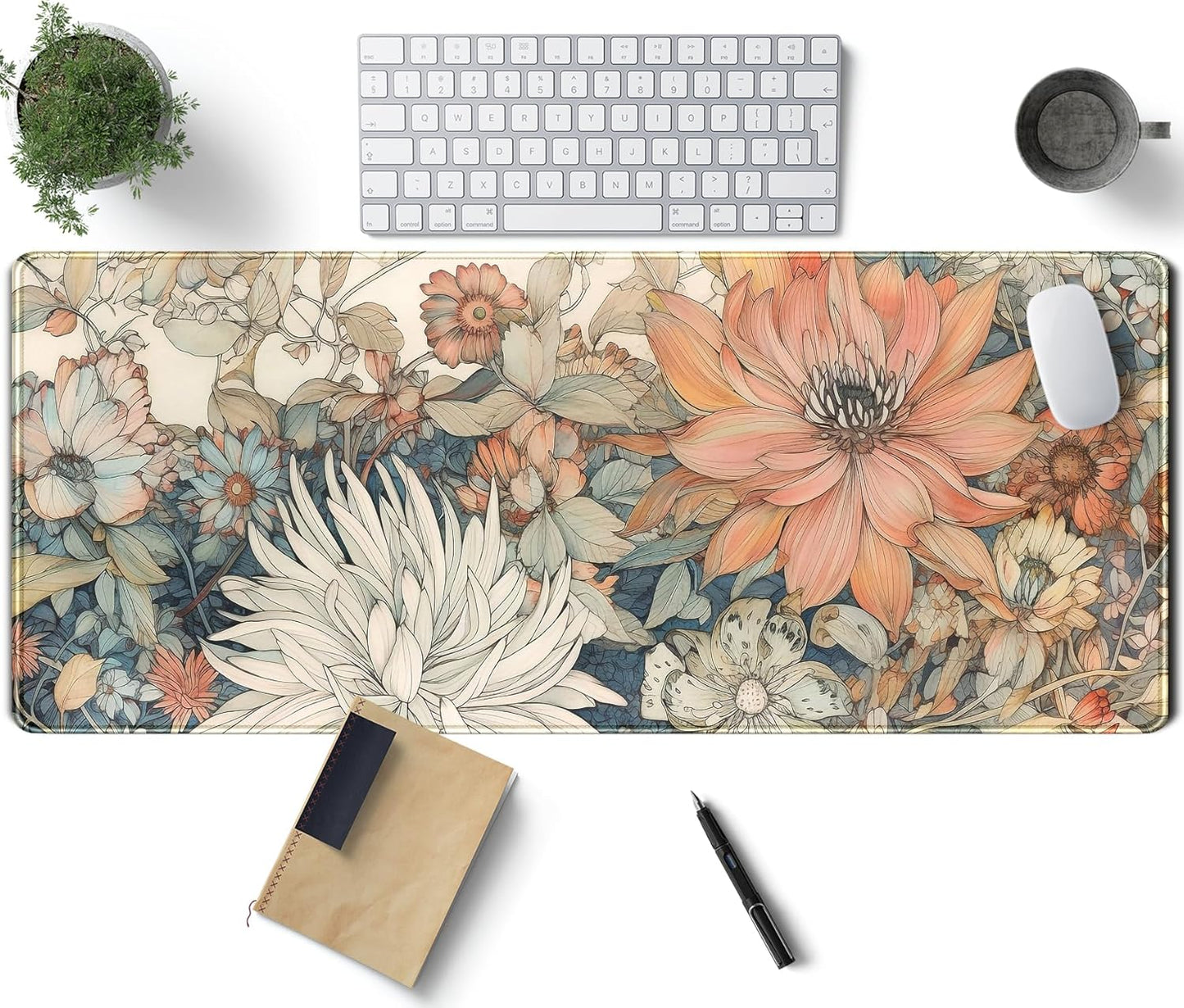 Japanese Minimalist Floral Desk Mat Aesthetic Flowers XL Large Extended Gaming Mouse Pad with Stitched Edges, Big Laptop Computer Keyboard and Mouse Mat for Girl Women Office Decor 31.5x11.8 in