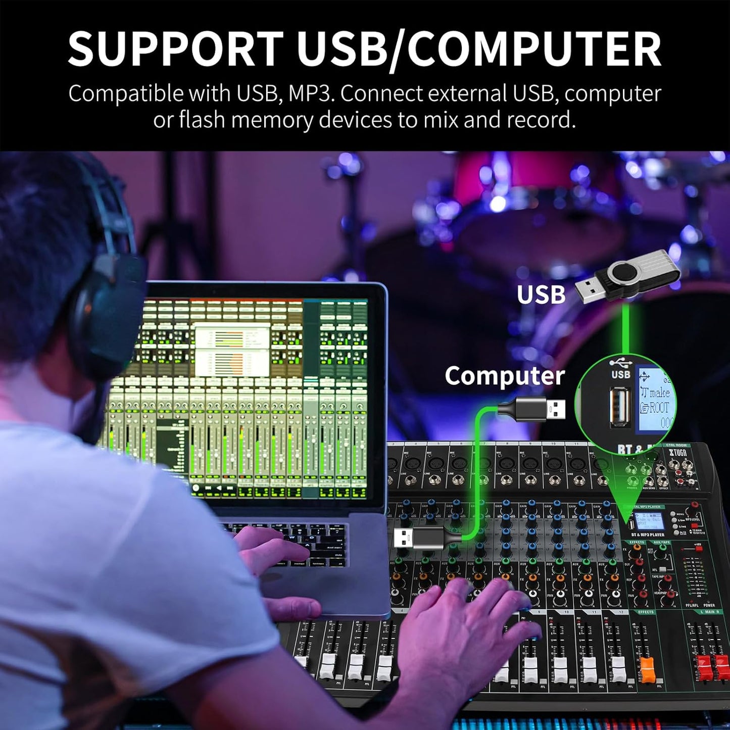 XTUGA 12 Channel Audio Mixer Sound Board Mixing Console, Audio Interface PC USB Bluetooth with 48V Phantom Digital Effect for DJ Live Recording Studio Karaoke(CT120)